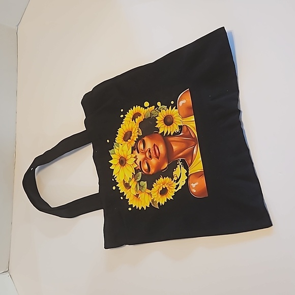 Hand Crafred Reusable Tote Bag Sunflower Motif Black Canvas Bag Multicolored 13" - Picture 17 of 17